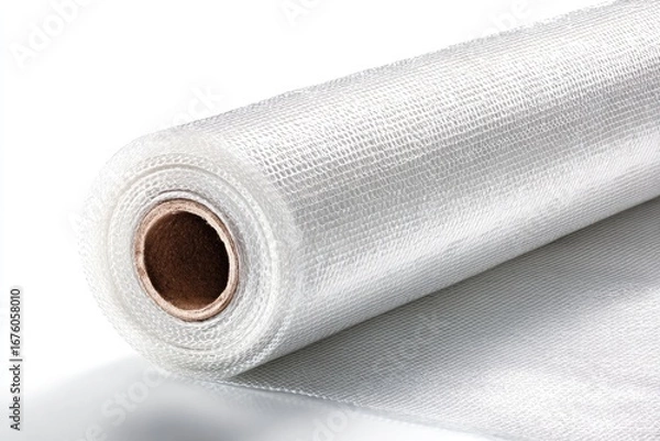 Fototapeta Rolled white fabric material on a light-colored surface.  A section of the fabric is unrolled, showing a woven or netted texture. A cardboard core is visible