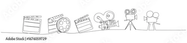 Obraz Minimalist illustration of movie clappers, film reels, and vintage cameras cinema production essentials
