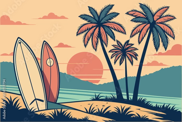 Fototapeta Beach scene with palm trees and surfboards at sunset