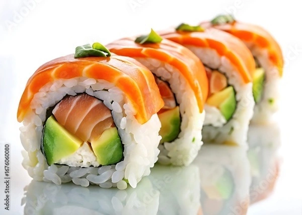 Fototapeta Premium salmon and avocado sushi roll presented on a bright white backdrop