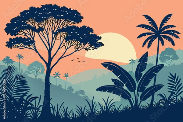 Obraz Jungle landscape with large tree and palm trees at sunset