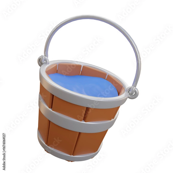 Fototapeta Old wooden bucket with a handle, isolated on a white background - 3D render