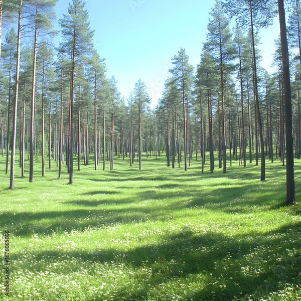 Obraz Forest Meadow Photo: Sunlit Pines and Blooming Grass