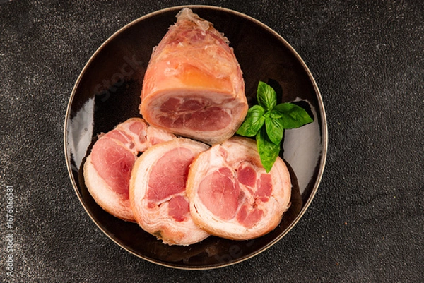 Fototapeta Ham hock with skin jambonneau cooked pork knuckle with rind tasty snack fresh delicious gourmet food background on the table rustic top view copy space
