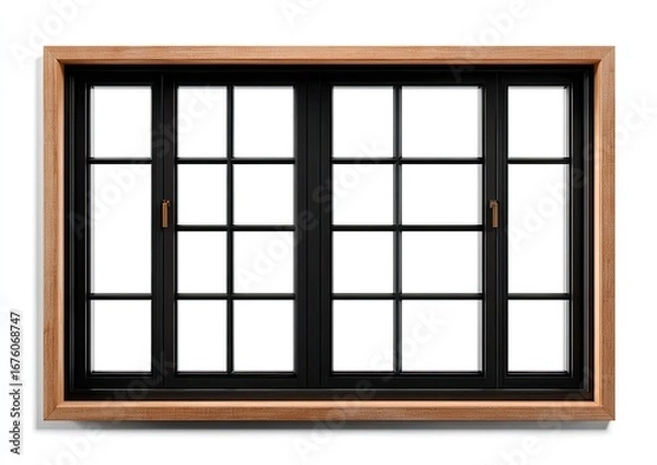 Fototapeta Large, divided window with a light brown frame and black muntins