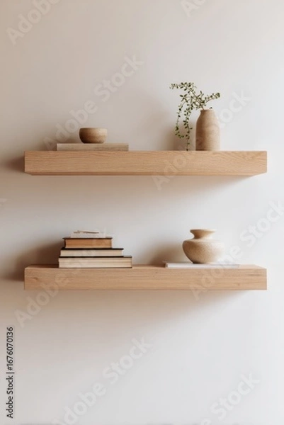 Obraz A straight-on shot of two long, light ash wood floating shelves, mounted on a pristine white wall. 