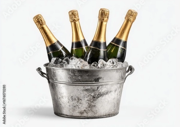 Fototapeta Four champagne bottles in a silver metal bucket filled with ice