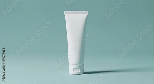 Fototapeta A single white tube of cream standing upright on a light blue background in a studio setting