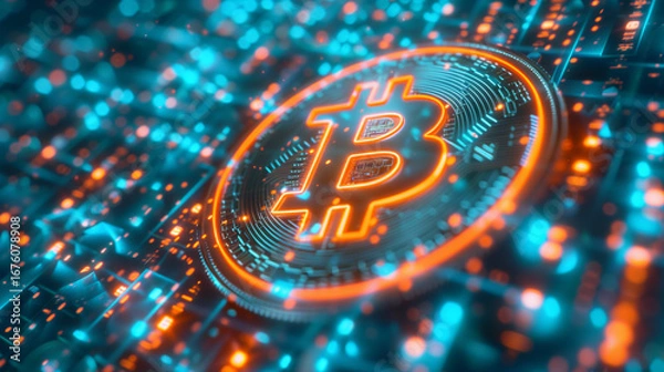 Fototapeta Glowing abstract crypto hologram showcases a bitcoin-style symbol amidst vibrant digital patterns and luminous elements, reflecting the essence of modern financial technology and digital currency
