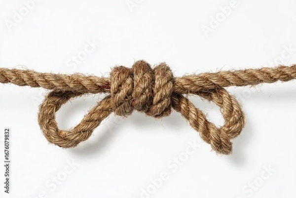Obraz Close-up of a bowline knot in light brown rope against white background