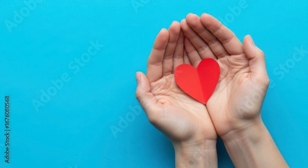 Fototapeta A pair of hands holding a red paper heart against a bright blue background studio shot