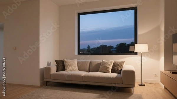 Fototapeta A contemporary sofa with textured pillows in a minimalist living space, creating a cozy and inviting atmosphere.