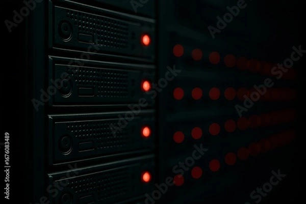 Fototapeta High-Performance Data Center Server Rack with Red LED Indicators