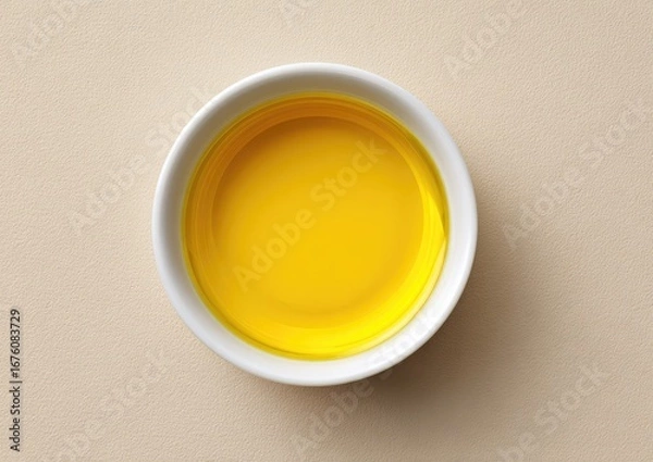 Obraz Small, white bowl filled with bright yellow liquid.  Flatlay on beige background