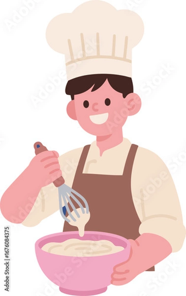 Fototapeta A happy young male baker wearing a chef hat and an apron, whisking batter in a pink bowl. Baking and cooking.