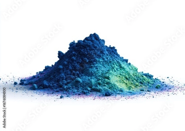 Obraz Pile of vibrant, multi-colored powder, primarily blues and greens, against a white background