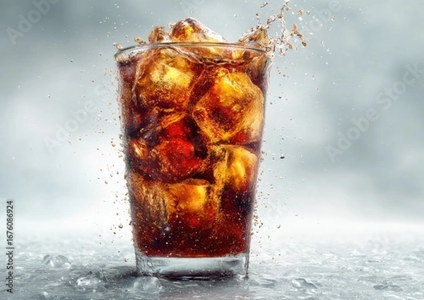 Fototapeta A glass of cold cola with ice, splashing