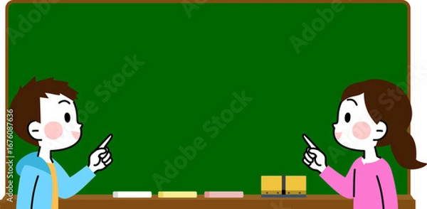 Fototapeta 黒板を指さす子供　男の子　女の子　コピースペース