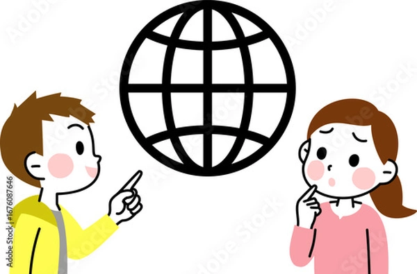 Fototapeta インターネット　不安な女の子　ひらめく男の子