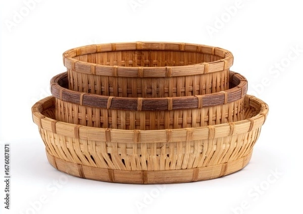 Fototapeta Three nested, round, light beige woven baskets