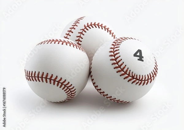 Fototapeta Three baseballs, white with red stitching, and the number 4 on one