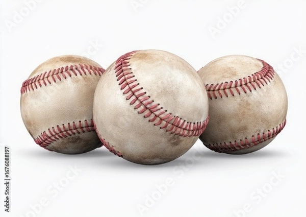 Fototapeta Three weathered baseballs, light beige with reddish stitching, rest in a horizontal row against a plain white backdrop.  The balls show signs of wear and age