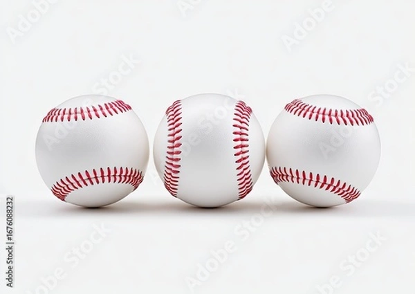 Fototapeta Three baseballs in a horizontal row against a white background.  Each ball is a smooth, light-gray white, with bright red stitching.  A simple, clean image of sporting equipment