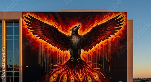 Fototapeta Majestic Phoenix Mural on Building Facade with Fiery Wings, Symbolizing Rebirth and Power