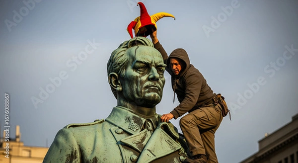 Fototapeta Protester placing a jester hat on a bronze statue's head, an act of defiance and symbolic mockery.