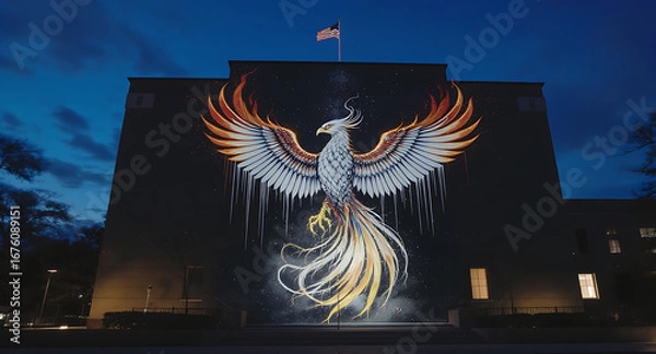 Fototapeta Majestic Phoenix Mural on Building Facade at Dusk, Illuminated Urban Art Symbolizing Rebirth