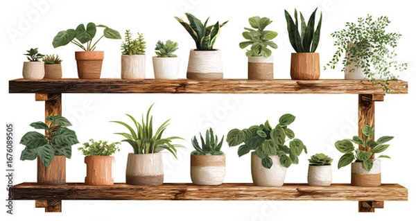 Fototapeta  set of wooden shelves with potted plants, isolated on a transparent background 