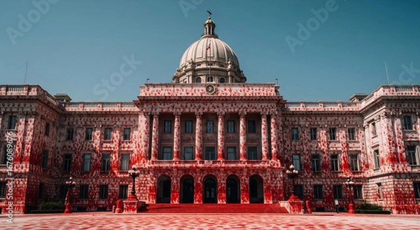 Fototapeta Classical Government Building Facade Splattered with Red. Political Protest and Vandalism.