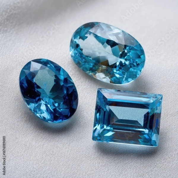 Fototapeta Three light-blue gemstones, oval and rectangular cuts, on a light-gray surface