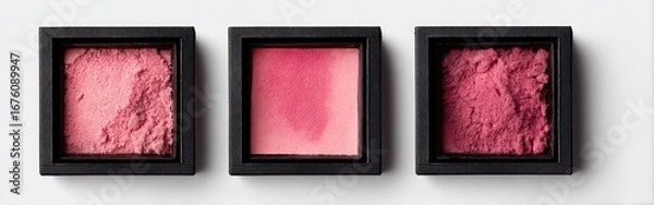 Fototapeta Three square blush compact boxes, filled with varying textures of pink blush