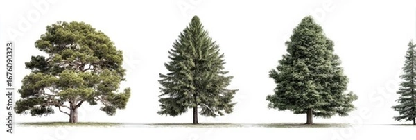 Fototapeta Four different types of trees, isolated on white background.  Conifers and pine.  Full view,  different shapes and sizes.  Natural elements