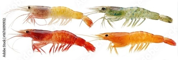 Fototapeta Four different types of shrimp, displayed in profile view.  Various colors including light yellowish-orange, pale pinkish-red, and a greenish-gray