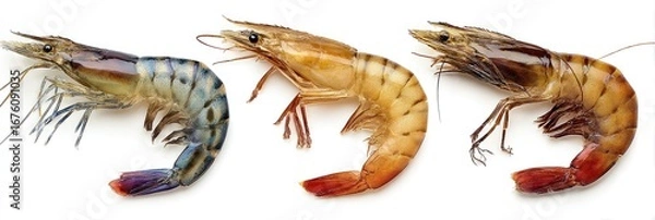 Fototapeta Three whole shrimp, various colors, displayed against a white background