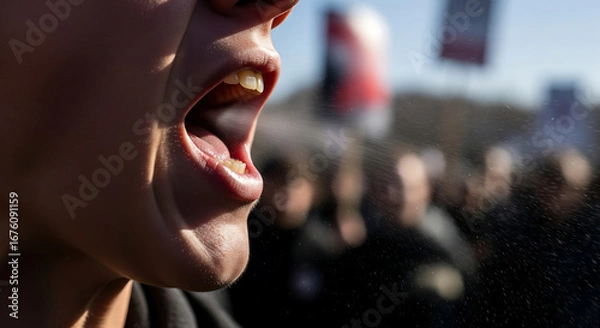 Fototapeta Close-up of person shouting, mouth open, expressing strong emotion at a protest or rally amidst a blurred crowd.
