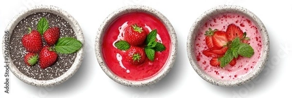 Fototapeta Three small bowls of strawberry treats, one with chia seeds, one with smooth puree, and one with sliced strawberries
