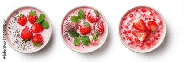 Fototapeta Three bowls of strawberry yogurt parfaits, topped with fresh berries and garnished with mint leaves