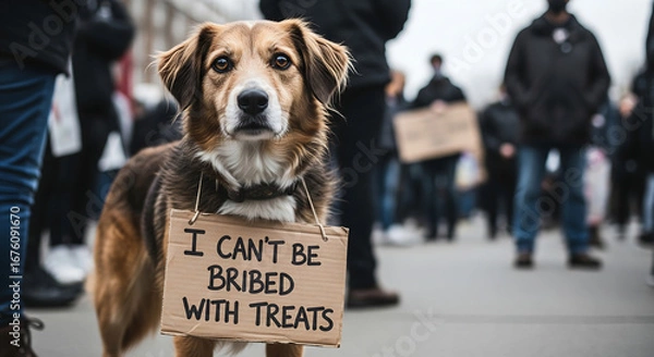 Fototapeta Loyal Protest Dog with Humorous 'Can't Be Bribed' Sign in a Crowd