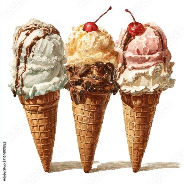 Fototapeta Three ice cream cones, close-up view