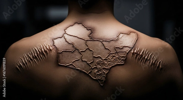Fototapeta Scarred Map of a Region on Human Back with Trauma Marks, Symbolizing Identity, History, and Burden