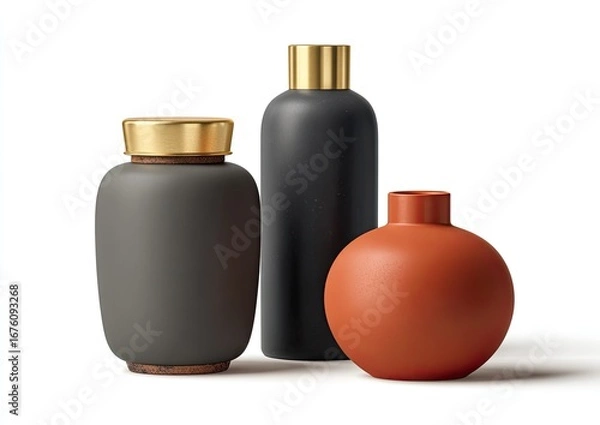 Fototapeta Three matte-finish, minimalist containers.  Two dark gray/charcoal and one terracotta orange.  Gold-toned caps.  Studio shot