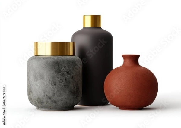 Fototapeta Three decorative ceramic vases in muted tones.  A dark gray, a dark charcoal, and a terracotta colored vase.  Gold-toned metal accents on the lids.  Studio shot on white background