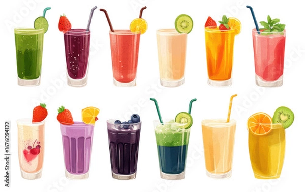 Fototapeta Set of various smoothies isolated on white background, png