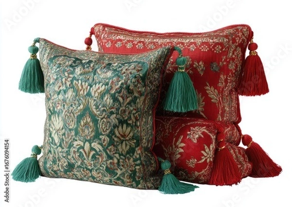 Fototapeta Two decorative pillows, emerald green and crimson red, feature intricate floral damask patterns and teal/red tassels