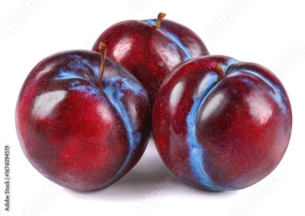 Fototapeta Three plums, vibrant red-purple with hints of blue, clustered together against a white background.  Their smooth surfaces and slightly uneven textures are visible