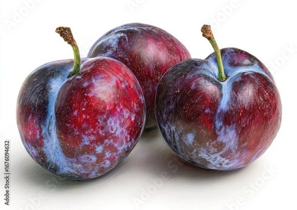 Fototapeta Three plump, ripe plums, deep red-purple with bluish-white marbling, arranged closely together against a pure white background.  Plums are in sharp focus