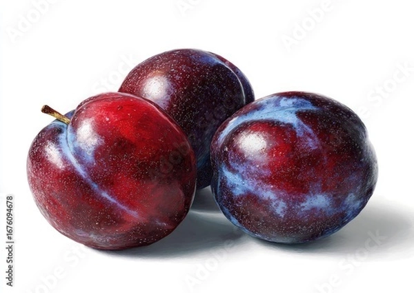 Fototapeta Three ripe plums, deep red and purple, clustered together, against a white background